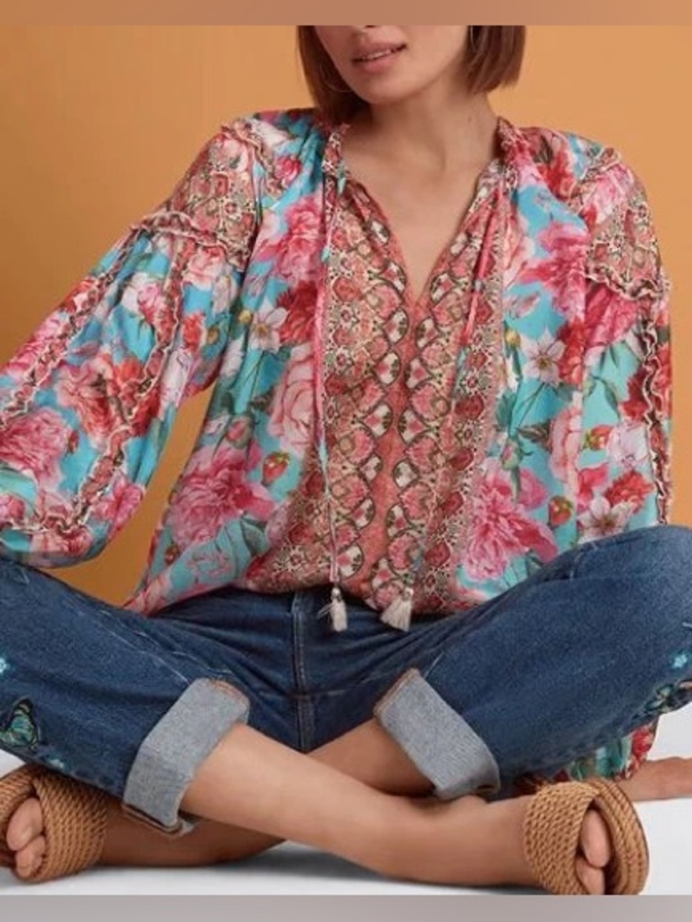 Johnny Was Floral Peasant Tunic in Aqua & Pink